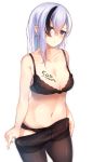  1girl black_bra black_legwear black_panties blush body_writing bra breasts cleavage collarbone cowboy_shot followers large_breasts lavender_eyes lavender_hair long_hair looking_at_viewer multicolored_hair navel original panties panties_under_pantyhose pantyhose pantyhose_pull solo standing thighband_pantyhose tsunekichi two-tone_hair underwear underwear_only undressing white_background 