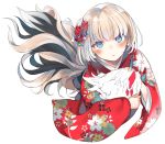  1girl bird blonde_hair blue_eyes blush chicken commentary_request floral_print flower from_above furisode hair_flower hair_ornament holding japanese_clothes kanzashi kimono looking_at_viewer looking_up original parted_lips short_hair solo tsunekichi wide_sleeves 