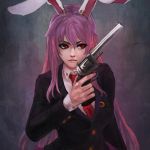  1girl absurdres animal_ears bangs black_jacket blazer brooch buttons closed_mouth collared_shirt crescent dark_background facing_viewer gun hair_between_eyes hand_up handgun highres holding holding_gun holding_weapon jacket jewelry lavender_hair long_hair long_sleeves looking_away looking_to_the_side monori_rogue necktie purple_hair rabbit_ears red_eyes red_necktie reisen_udongein_inaba revolver serious shirt sidelocks solo touhou trigger_discipline upper_body very_long_hair weapon white_shirt wing_collar 