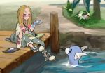  1girl blonde_hair blue_eyes bridge denim dratini facepaint half-closed_eyes jeans linaria_(ookinahitomi) long_hair matsurika_(pokemon) outdoors oversized_clothes oversized_shirt paint pants partially_submerged pokemon pokemon_(creature) pokemon_(game) pokemon_sm shirt shoes short_sleeves sitting smile water 