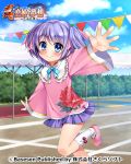  1girl arm_up blue_eyes blush bucchake_(asami) child clouds kneehighs koihime_musou leg_lift outdoors purple_hair ribbon riri running shin_koihime_musou shirt shoes short_hair skirt sky smile solo track_and_field twintails two_side_up waving white_legwear 