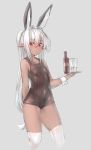  1girl absurdres alcohol animal_ears blush breasts commentary_request dark_elf dark_skin deluxe&lt;&lt;&lt; elf highres long_hair looking_at_viewer one-piece_swimsuit original pointy_ears ponytail rabbit_ears red_eyes small_breasts solo swimsuit white_hair wine wrist_cuffs 