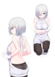  1girl ass back backless_outfit bare_back bare_shoulders breasts dress from_behind grey_dress halterneck hamakaze_(kantai_collection) kaname_(melaninusa09) kantai_collection looking_back multiple_views naked_sweater no_bra open-back_dress ribbed_sweater sideboob sweater sweater_dress turtleneck turtleneck_sweater virgin_killer_sweater 