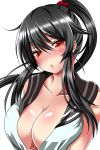  1girl ar_(lover_boy) bangs black_hair blush breasts cleavage collarbone hair_ribbon highres kantai_collection large_breasts long_hair looking_at_viewer open_clothes open_shirt parted_lips ponytail red_eyes red_ribbon ribbon shirt sleeveless sleeveless_shirt solo upper_body yahagi_(kantai_collection) 