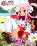  1girl against_tree basket blue_eyes blush bucchake_(asami) fang flower holding hood koihime_musou lake long_hair open_mouth outdoors panties pantyshot pantyshot_(sitting) pink_hair ribbon rose shin_koihime_musou shirt shoes sitting skirt smile solo sonshoukou striped striped_panties thigh-highs tree twintails underwear very_long_hair white_legwear 