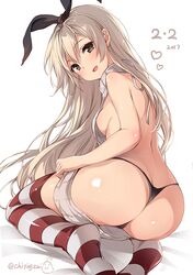  1girl 2017 :d ass backless_outfit bare_back bare_shoulders black_panties blonde_hair breasts butt_crack chiyingzai dated dress from_behind full_body grey_eyes hair_between_eyes hairband head_tilt highleg highleg_panties kantai_collection long_hair looking_at_viewer no_bra open_mouth panties shimakaze_(kantai_collection) sideboob sitting small_breasts smile solo striped striped_legwear sweater sweater_dress thigh-highs thighs turtleneck turtleneck_sweater underwear virgin_killer_sweater 