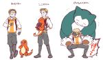  1boy black_gloves blonde_hair blush charmander closed_eyes fangs fingerless_gloves fire gloves heavy hood hoodie looking_at_another male_focus male_protagonist_(pokemon_go) piggyback pokemon pokemon_(creature) pokemon_go smile snorlax sumeragi_kohaku trembling visor_cap walking 