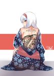  1girl absurdres back_tattoo blush brown_eyes closed_mouth commentary english floral_print flower from_behind full_body hairband highres japanese_clothes kantai_collection kimono koi looking_back obi off_shoulder profile sash shoukaku_(kantai_collection) sitting smile solo supremacy tattoo white_background white_hair 