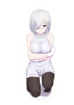  1girl 3: backless_outfit bare_shoulders black_legwear blue_eyes blush breasts dress embarrassed full_body gloves halterneck hamakaze_(kantai_collection) highres kaname_(melaninusa09) kantai_collection large_breasts nose_blush open-back_dress pantyhose ribbed_sweater short_hair sideboob silver_hair simple_background solo squatting sweater sweater_dress turtleneck turtleneck_sweater virgin_killer_sweater white_background white_gloves 
