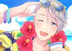  1boy ;d \m/ beach blue_eyes blue_sky drinking_cup drinking_straw flower flower_necklace jewelry male_focus necklace one_eye_closed open_mouth print_shirt ring sacchan_(hn0816) shirt silver_hair sky smile sunglasses sunglasses_on_head viktor_nikiforov yuri!!!_on_ice 