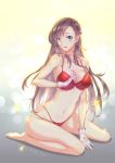  1girl 2017 absurdres artist_request backlighting bare_arms bare_shoulders barefoot between_legs blue_eyes blurry blush bokeh bow bow_bra bow_panties bra breasts brown_hair cleavage collarbone dated depth_of_field eyebrows_visible_through_hair full_body hand_between_legs head_tilt heart_cutout highres legs_apart lens_flare long_hair looking_at_viewer medium_breasts original panties red_bow red_bra red_panties sitting solo triangle underwear underwear_only wariza 