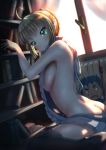 1girl ahoge aran_sweater artist_name ass backless_outfit bangs bare_back bare_shoulders black_legwear blonde_hair blue_hair blurry book bookshelf braid breasts butt_crack depth_of_field drawstring dress dutch_angle eyebrows_visible_through_hair fate/stay_night fate_(series) green_eyes halterneck highres indoors lancer large_breasts looking_at_viewer mega-ne naked_sweater no_bra no_panties open-back_dress open_mouth parted_lips ribbed_sweater saber short_hair_with_long_locks sideboob sitting solo spiky_hair sweater sweater_dress tears thigh-highs tsurime turtleneck turtleneck_sweater type-moon virgin_killer_sweater wariza watermark window