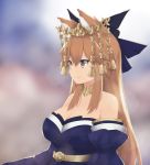  1girl animal_ears bow breasts cleavage detached_sleeves fate/extra fate/grand_order fate_(series) fox_ears hair_bow hair_ornament hair_ribbon highres japanese_clothes large_breasts nestea pink_hair ribbon solo tamamo_(fate)_(all) tamamo_no_mae_(fate) yellow_eyes 