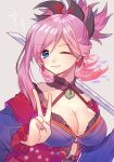  :3 asymmetrical_hair blue_eyes breasts choker cleavage fate/grand_order fate_(series) floral_print hair_ornament japanese_clothes katana large_breasts long_hair long_sleeves magatama miyamoto_musashi_(fate/grand_order) one_eye_closed over_shoulder pink_hair ponytail renka_(sutegoma25) sash simple_background sword sword_over_shoulder unsheathed v weapon weapon_over_shoulder 