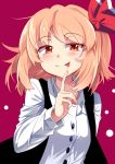  1girl :q blonde_hair e.o. hair_ribbon highres open_clothes open_vest orange_eyes red_background ribbon rumia shirt short_hair smile smug solo tongue tongue_out touhou vest 