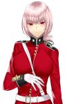  1girl bangs belt black_ribbon breasts closed_mouth fate/grand_order fate_(series) florence_nightingale_(fate/grand_order) folded_ponytail gloves hair_ribbon highres large_breasts long_sleeves looking_at_viewer military military_uniform onineko-chan pink_hair red_eyes ribbon smile solo tsurime uniform upper_body white_gloves 