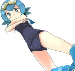  1girl :&lt; blue_eyes blue_hair blush breasts closed_mouth covered_navel goggles goggles_on_head hips ixy looking_at_viewer one-piece_swimsuit pants_down pokemon pokemon_(game) pokemon_sm short_hair simple_background small_breasts solo suiren_(pokemon) swimsuit trial_captain undressing white_background 