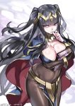  1girl 2017 ario bangs black_eyes black_hair blunt_bangs bodysuit book book_hug bracelet breasts bridal_gauntlets cape cleavage cowboy_shot dated fire_emblem fire_emblem:_kakusei holding holding_book jewelry large_breasts long_hair looking_at_viewer parted_lips pelvic_curtain solo tharja tiara two_side_up 