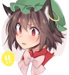  ! !! 1girl animal_ears asa_(coco) black_hair blush bow bowtie cat_ears chen confused d:&lt; hat jewelry looking_away mob_cap parted_lips pink_bow pink_bowtie portrait red_eyes short_hair single_earring solo spoken_exclamation_mark touhou 