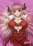  1girl alicia_(granblue_fantasy) breasts center_opening cleavage cleavage_cutout cross cross_earrings doraf earrings elbow_gloves from_above gloves granblue_fantasy highres horns huge_breasts jewelry kuga_zankurou long_hair looking_at_viewer lying milf on_back open_mouth pointy_ears reaching_out red_eyes silver_hair solo under_boob underboob_cutout upper_body white_gloves 