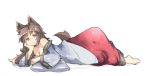  1girl animal_ears barefoot black_hair breasts chin_rest cleavage closed_mouth dress full_body highres imaizumi_kagerou long_hair long_sleeves looking_at_viewer lying off-shoulder_dress off_shoulder on_side ototobe red_eyes solo tail touhou wide_sleeves wolf_ears wolf_tail 