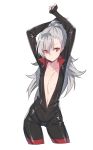  1girl arms_up asymmetrical_hair bodysuit breasts center_opening closers contrapposto cowboy_shot cropped_legs expressionless grey_hair highres long_hair navel orange_eyes ponytail simple_background small_breasts solo supernew tina_(closers) white_background 