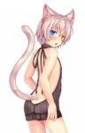  1boy animal_ears ass backless_outfit bare_back bare_shoulders black_sweater blue_eyes blush butt_crack cat_ears cat_tail commentary_request cowboy_shot dress fang from_behind hair_between_eyes halterneck heterochromia highres kida_kuro_mu looking_at_viewer looking_back open-back_dress open_mouth original shiro_(kida_kuro_mu) short_hair simple_background slit_pupils solo sweater sweater_dress tail trap turtleneck turtleneck_sweater virgin_killer_sweater white_background white_hair yellow_eyes 