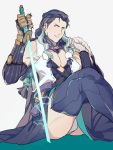  1boy absurdres black_hair black_legwear blue_eyes cosplay creator_connection fate/grand_order fate_(series) full_body gloves grey_background heima_(jk0t0-g4t) highres jacket_on_shoulders japanese_clothes long_hair male_focus multicolored_hair muscle nikola_tesla_(fate/grand_order) pectorals pom_pom_(clothes) sengo_muramasa_(touken_ranbu) sengo_muramasa_(touken_ranbu)_(cosplay) side_slit simple_background sitting sleeveless smile solo sword tabi thigh-highs touken_ranbu two-tone_hair weapon 