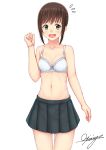  1girl absurdres blue_skirt bra brown_hair cowboy_shot embarrassed flying_sweatdrops fubuki_(kantai_collection) green_eyes highres kantai_collection navel no_shirt ochiai_miyabi open_mouth pleated_skirt short_hair sidelocks signature skirt solo standing underwear white_bra 