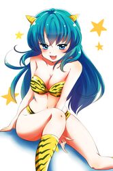  1girl animal_print bikini bikini_bottom bikini_top blue_eyes blue_hair blush breasts cleavage fangs highres horns long_hair looking_at_viewer lum navel negiko open_mouth sitting smile solo swimsuit tiger_print urusei_yatsura 