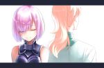  1boy 1girl absurdres armor armored_dress back-to-back bangs blonde_hair closed_eyes closed_mouth eyebrows_visible_through_hair fate/grand_order fate_(series) hair_over_one_eye highres jazztaki letterboxed ponytail purple_hair romani_akiman shielder_(fate/grand_order) short_hair smile upper_body violet_eyes 