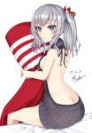  1girl 2017 alternate_costume artist_name backless_outfit bare_back bare_shoulders bed_sheet blue_eyes blush breasts butt_crack closed_mouth dakimakura_(object) dated dress duuwa_(doluwa) eyebrows_visible_through_hair fingernails from_behind halterneck holding holding_pillow kantai_collection kashima_(kantai_collection) long_fingernails looking_at_viewer looking_back medium_breasts naked_sweater no_hat no_headwear on_bed open-back_dress pillow pillow_hug ribbed_sweater ribbon sideboob signature silver_hair simple_background sitting sitting_on_bed solo sweater sweater_dress turtleneck turtleneck_sweater virgin_killer_sweater wavy_hair white_background 