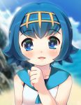  1girl akiba_hideki beach blue_eyes blue_hair blush hairband looking_at_viewer pokemon pokemon_(game) pokemon_sm short_hair solo suiren_(pokemon) upper_body 