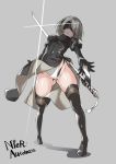  1girl arched_back bangs black_legwear breasts copyright_name covered_eyes covered_navel ebifurya erect_nipples full_body gluteal_fold grey_background grey_hair groin hair_over_one_eye hairband highres holding holding_sword holding_weapon leotard medium_breasts mole mole_under_mouth nier_(series) nier_automata parted_lips pelvic_curtain puffy_sleeves short_hair side_slit simple_background solo standing sword thigh-highs unsheathed weapon wind wind_lift yorha_no._2_type_b 