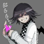  1boy annyu black_hair checkered_scarf dangan_ronpa gesture grey_background grin heart looking_at_viewer male_focus new_dangan_ronpa_v3 ouma_kokichi scarf sexually_suggestive short_hair simple_background smile solo straitjacket twitter_username upper_body violet_eyes 