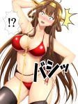  1girl ahoge bikini black_legwear blush breasts brown_hair cleavage constricted_pupils cowboy_shot double_bun dutch_angle garter_belt garter_straps hair_ornament hairband hamaguri_(hamaguri1234) hand_on_own_head headgear kantai_collection kongou_(kantai_collection) large_breasts long_hair looking_down midriff navel open_mouth red_bikini side-tie_bikini solo standing swimsuit thigh-highs thighs very_long_hair violet_eyes wardrobe_malfunction 