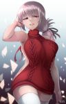 1girl 2017 aran_sweater arm_up backless_outfit bangs black_ribbon braid breasts cowboy_shot date dated dress eyebrows_visible_through_hair fate/grand_order fate_(series) florence_nightingale_(fate/grand_order) hair_ribbon halterneck hand_in_hair highres large_breasts legs legs_together long_hair looking_at_viewer mku naked_sweater no_bra no_panties open-back_dress open_mouth red_sweater ribbed_sweater ribbon signature single_braid smile solo sweater sweater_dress teeth thigh-highs turtleneck turtleneck_sweater twitter_username type-moon virgin_killer_sweater white_legwear white_thighhighs