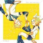  1boy 1girl anniversary bass_clef blonde_hair blue_eyes bow brother_and_sister character_name commentary_request detached_sleeves faux_traditional_media hair_bow hair_ornament hairclip headphones headset kagamine_len kagamine_rin leg_warmers michiko_(nohohon-ya) michiko_(pixiv67767) necktie open_mouth sailor_collar short_hair short_ponytail shorts siblings smile star starry_background twins upside-down vocaloid yellow_background yellow_necktie 
