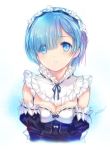  1girl blue_eyes blue_hair eyes_visible_through_hair hair_ornament hair_over_one_eye lips maid maid_headdress min-naraken parted_lips re:zero_kara_hajimeru_isekai_seikatsu rem_(re:zero) ribbon-trimmed_clothes ribbon_trim short_hair upper_body white_legwear x_hair_ornament 