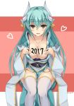  1girl 2017 aqua_hair bangs blush body_writing breasts cleavage collarbone commentary_request eyebrows_visible_through_hair fate/grand_order fate_(series) hair_between_eyes heart horns japanese_clothes kimono kiyohime_(fate/grand_order) kurokage large_breasts long_hair looking_at_viewer obi open_mouth sash sitting solo thigh-highs twitter_username white_legwear wide_sleeves yellow_eyes 