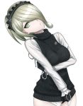  1girl black_gloves black_sweater breasts closed_mouth dangan_ronpa dutch_angle expressionless frilled_sleeves frills gloves green_eyes grey_eyes hair_ornament hair_over_one_eye hairband hairclip halterneck long_sleeves looking_at_viewer medium_breasts new_dangan_ronpa_v3 pursed_lips ribbed_sweater short_hair_with_long_locks silver_hair simple_background solo sweater toujou_kirumi turtleneck turtleneck_sweater urokozuki virgin_killer_sweater white_background 