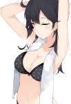  1girl alternate_costume armpits arms_behind_head arms_up bangs bikini black_hair blush breasts cleavage closed_eyes closed_mouth cole commentary cowlick kantai_collection long_hair medium_breasts navel polka_dot polka_dot_bikini simple_background solo stomach sweat swimsuit towel towel_around_neck upper_body ushio_(kantai_collection) white_background 