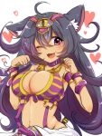  1girl animal_ears black_hair breasts cat_ears cat_tail character_request cleavage dark_skin eyebrows_visible_through_hair fang heart highres large_breasts long_hair monster_strike navel negiko one_eye_closed open_mouth red_eyes smile solo tail 