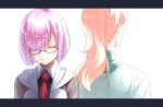  1boy 1girl absurdres back-to-back bangs blonde_hair closed_eyes closed_mouth collared_shirt eyebrows_visible_through_hair fate/grand_order fate_(series) glasses hair_over_one_eye highres hood hoodie jazztaki letterboxed necktie ponytail purple_hair red_necktie romani_akiman semi-rimless_glasses shielder_(fate/grand_order) shirt short_hair smile under-rim_glasses upper_body violet_eyes white_shirt wing_collar 