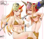  &gt;:d 2girls :d alternate_costume animal_print bare_arms bare_shoulders bikini blonde_hair blue_bow blush bow breasts chains cleavage club collarbone cuffs grin hair_bow highleg highleg_bikini horn horn_bow horns hoshiguma_yuugi ibuki_suika kanabou large_breasts long_hair looking_at_viewer mask mask_on_head multiple_girls navel oni oni_mask open_mouth orange_hair print_bikini print_legwear ragi_(schrdngr) red_bow red_eyes setsubun shackles sidelocks sitting small_breasts smile socks standing stomach swimsuit tiger_print touhou under_boob weapon 