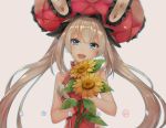  1girl alle_gro blue_eyes fate/grand_order fate_(series) flower gloves hat holding holding_flower long_hair looking_at_viewer marie_antoinette_(fate/grand_order) open_mouth silver_hair simple_background sleeveless smile solo sunflower twintails 