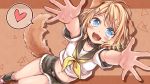  1girl :d animal_ears blonde_hair blue_eyes brown_background collar crop_top detached_sleeves dog_ears dog_tail fangs foreshortening from_above fur-trimmed_legwear fur_trim hair_ornament hairclip happy heart heart-shaped_pupils kagamine_rin looking_at_viewer midriff momomochi navel open_mouth outstretched_arms sailor_collar shoes short_shorts short_sleeves shorts smile sneakers socks solo speech_bubble spoken_heart symbol-shaped_pupils tail treble_clef vocaloid 