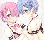  2girls :o bangs bikini blue_eyes blue_hair blunt_bangs blush breasts close-up closed_mouth collar dutch_angle eyebrows_visible_through_hair hair_ornament hair_ribbon hand_holding hands_on_another&#039;s_face hands_together highres interlocked_fingers karutamo lingerie looking_at_viewer medium_breasts micro_bikini multiple_girls parted_lips pink_eyes pink_hair profile purple_ribbon ram_(re:zero) re:zero_kara_hajimeru_isekai_seikatsu rem_(re:zero) ribbon short_hair small_breasts smile swimsuit underwear upper_body x_hair_ornament 