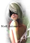  1girl absurdres bare_shoulders black_hairband blindfold breasts collarbone copyright_name covered_eyes hair_over_eyes hairband highres kuroshii mole mole_under_mouth nier_(series) nier_automata nose nude parted_lips pink_lips portrait short_hair silver_hair small_breasts solo upper_body yorha_no._2_type_b 