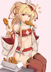  /\/\/\ 1girl bare_shoulders blonde_hair breasts brown_legwear chicken_leg closed_mouth detached_sleeves eating eyebrows_visible_through_hair food fried_chicken granblue_fantasy groin halterneck head_tilt holding holding_food loincloth long_hair looking_at_viewer makira_(granblue_fantasy) mo_shi navel pink_background red_eyes simple_background sitting small_breasts solo thigh-highs very_long_hair wide_sleeves 